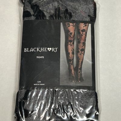 Hot Topic Blackheart Tights Size S/M NOS NWT Goth Black Sheer Flower Emo Skater