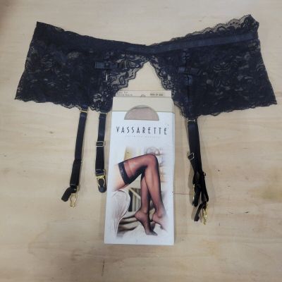 Vassarette Intimate Lace Top Thigh High Stockings W/ Garter Belt Size M/L