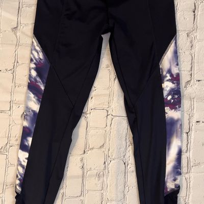 Bally Total Fitness Women's S Black Workout Leggings Purple Abstract Side Panels