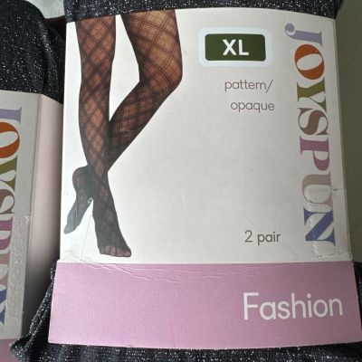 Size XL Joyspun Fashion Tights 2 Pk Black Shimmer & Opaque Plum No Bind Waist