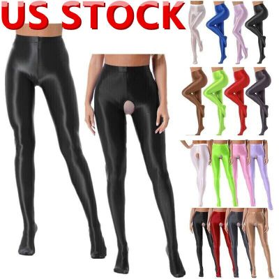 US Women Shiny Glossy Pantyhose High Waisted Pants Yoga Ultra Thin Footed Tights