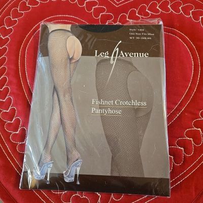 LEG AVENUE BLACK FISHNET CROTCHLESS PANTYHOSE STYLE #1404, ONE SIZE FITS MOST