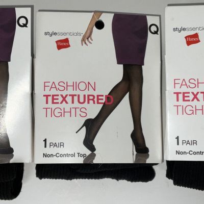 NIP Lot 3 Pairs Hanes Stylessentials Fashion Textured Tights Black Queen