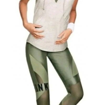 VICTORIA’S SECRET VS PINK ULTIMATE ANKLE LEGGINGS SHINY SAGE GREEN MESH HTF Sz M