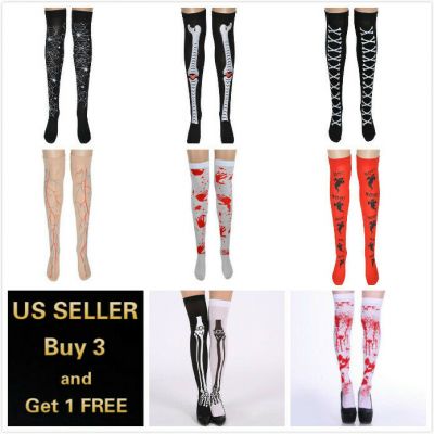 Womens Sexy Costume Cosplay Halloween Thigh High Stockings Blood Ghost Skull