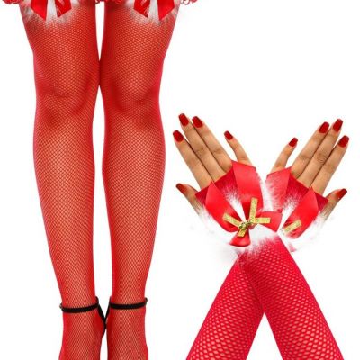 Women's Christams Fishnet Thigh High Stockings  Santa Fingerless Gloves w Bell