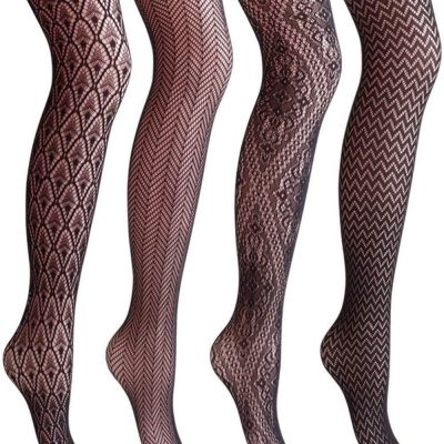 VERO MONTE 4 Styles Patterned Fishnets Tights 4 Pairs Small Hole Black Stockings