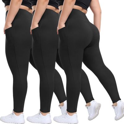 3 Pack plus Size Leggings with Pockets - Black High Waisted Yoga Pants