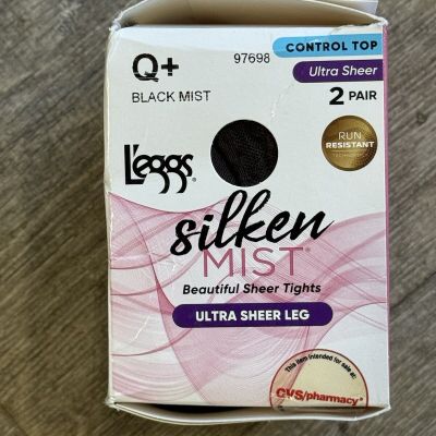 Q+ BLACK MISTL'EGGS SILKEN MIST ULTRA SHEER LEG CONTROL TOP SHEER TOE TIGHTS 2PK