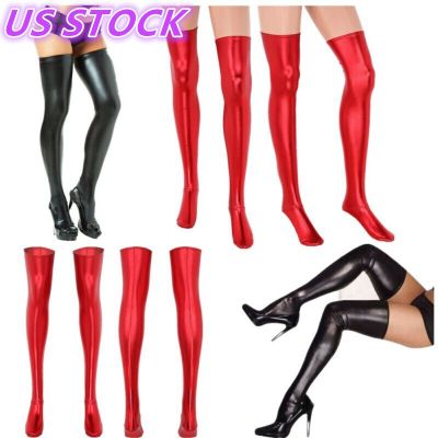 US Women Wet Look Stockings Thigh High Sexy Socks Lingerie Elastic Long Spandex