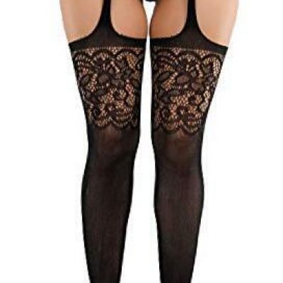 Women's High Waist Fishnet Tights Suspenders Pantyhose Thigh High Black-6059