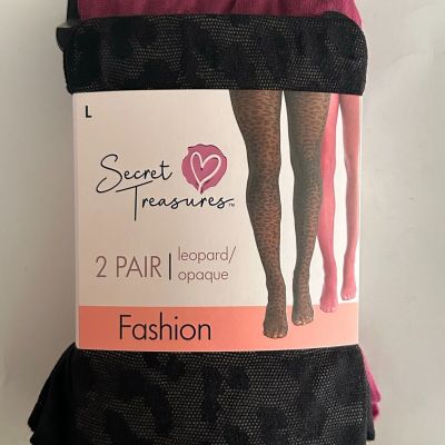 Secret Treasures Women's Wine Red Opaque & Black Leopard 2 Pack Tights Size L