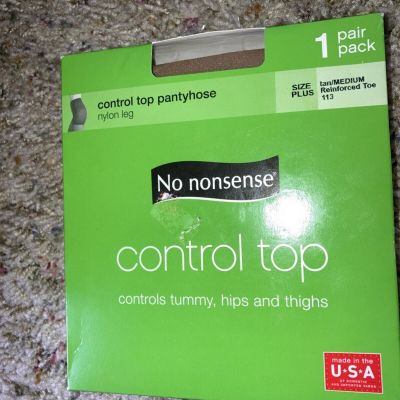 No Nonsense Control Top Pantyhose- Tan/Medium-Size Plus Reinforced Toe 113-New