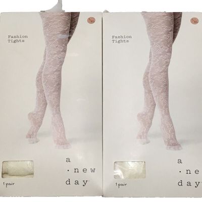 2 Pair A New Day Women's Size L/XL Tofu/Cream Floral Fashion Tights