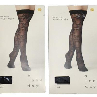 2 Pair A New Day Women's S/M Ebony Black Thigh Highs Floral Fashion Tights