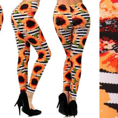 Bright CHIC womens Leggings ONE SIZE Fits 6-12 Black Stripe ORANGE Sunflower