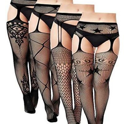 4 Pairs Plus Size Fishnet Stockings Black High Waist Fishnet Tight Thigh