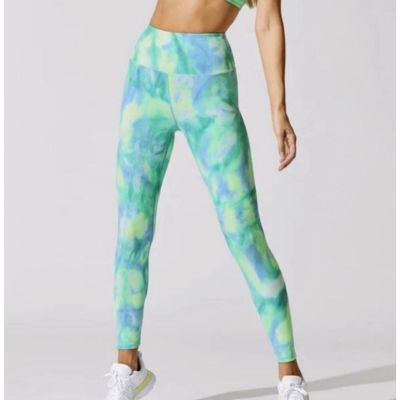 CARBON38 High Rise Tie Dye Ribbed Workout 7/8 Leggings Green Blue Large