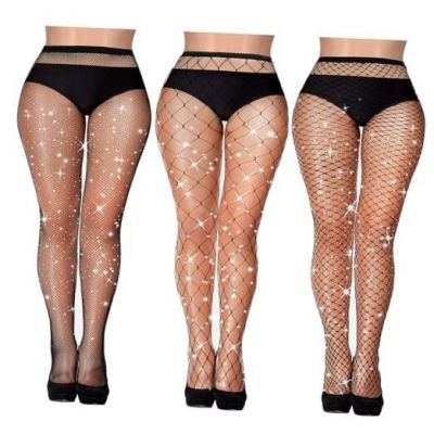 Geyoga 3 Pairs Sparkly Fishnets Stockings for Women Rhinestone Fishnets 1 Black