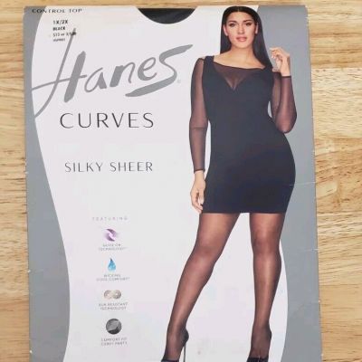 Hanes Curves Black Silky Sheer Control Top Pantyhose 1X/2X 20 Denier HSP002 NIP