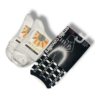 Huetopia Roll Top Shortie Socks 2 Pair White With Black Emilio Geo Net Tight M/L