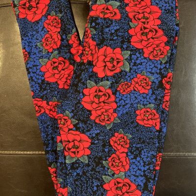 Lularoe OS Leggings Bright Blue Floral Red Roses