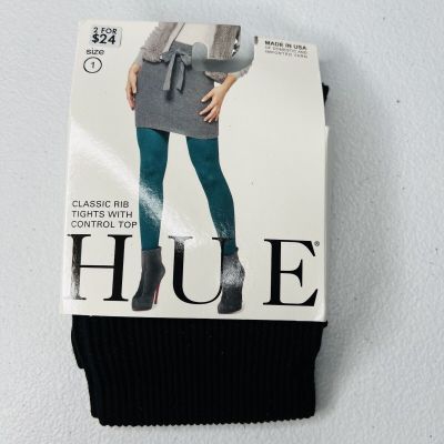 HUE Control Top Black RIB TIGHTS Size 1 Ribbed Womens 1 Pair Pack New