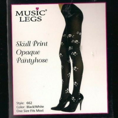 NEW Skull & Cross Bone Print Pantyhose One Size Regular Black Opaque Lingerie