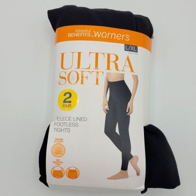 Warner's Women's Black Ultra Soft Fleece Lined Footless Tights 2-Pair Size L/XL