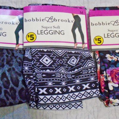 3 PR. NEW BOBBIE BROOKS LADIES Super Soft LEGGINGS Flowery/Leopard/Aztec SZ Med