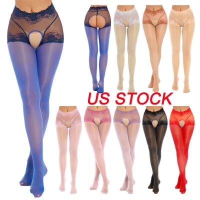 US Womens See-Through Crotchless Pantyhose Glossy Lace Mid Waist Stretchy Tights