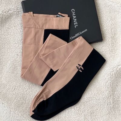 Auth Chanel Bicolor CC Logo Beige Black Tights - Size S