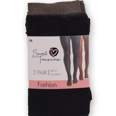 Secret Treasures 2 Pair Size M Sheer Opaque Tights Brown & Black GEOMETRIC (C)