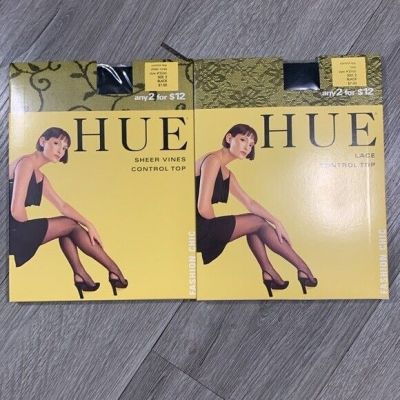 Hue Set of 2 NEW Control Top Black Lace/Vines Pantyhose. Size 2= sizing on pkgs.