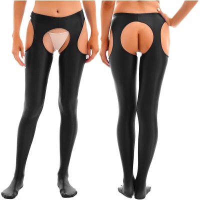 Women's Shiny Oil Glossy Hollow Out Tights Pantyhose High Waist Footed Pants