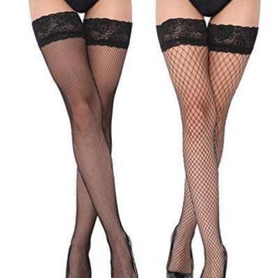 2 Pairs Women’s Fishnets Thigh High Stockings Tights One Size Black-2-pairs