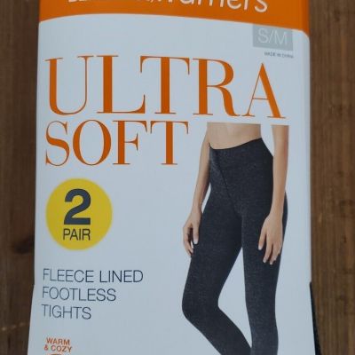 Warners Tights S/M 2pk Fleece Lined FOOTLESS BLACK/GREY HEATHER Ultra Soft NEW