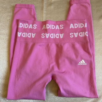 WOMENS ADIDAS ORIGINALS 7/8 Pink HIGH RISE AEROKNIT TIGHTS Medium Gym Workout