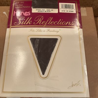 Hanes Silk Reflections Silky Control Top Pantyhose Sandalfoot Sz CD Barely Black