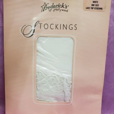 Fredericks Of Hollywood White One Size Sheer Lace Top Thigh Hi Nylon Stockings