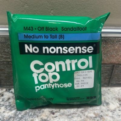 NOS 1990 No Nonsense Control Top 100perc Nylon Leg Pantyhose Off Black M43 Size B