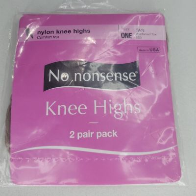 No Nonsense Knee Highs Women Size 1 Tan Nylon comfort top 2 Pair Pack