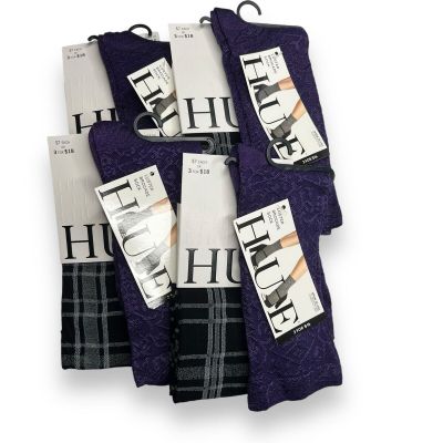 HUE Black Plaid Knee Hi Aubergine Luster Brocade Variety One Size 8 Pairs