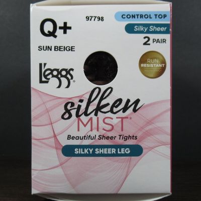 Leggs Silken Mist Pantyhose Tights Control Top Silky Sheer Q+ Sun Beige 2 Pack