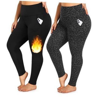 Women's Plus Size Fleece Lined Leggings with Pockets-1X 3X-Large Black,leopard