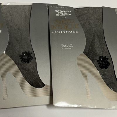 NOS 2 pair black Sheer Intrigue pantyhose size A ankle motif 15 Denier Kmart