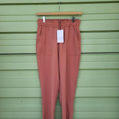 NWD ZARA PINK WOMAN Elastic Tie Waist Draped Ankle Trousers Pants Size S #B1492A