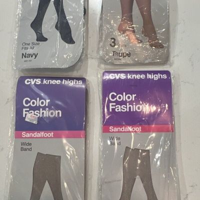 6 Pairs Sealed VTG CVS Knee-Highs Sandalfoot & RT Wide Band Taupe Grey  Navy