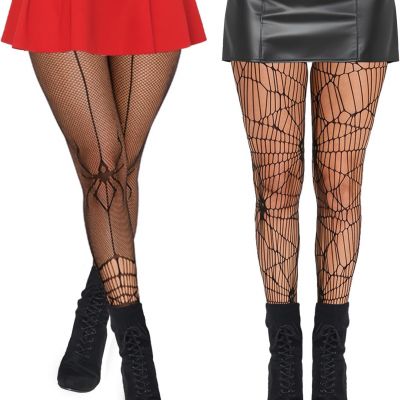 2Pcs Halloween Spider Web Patterned Tights  Thig High Waist Black Women One Size