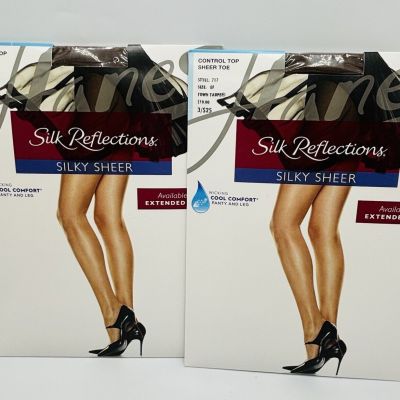 Hanes Silk Reflections Pantyhose 2 Pair Size EF Town Taupe 717 Control Top Sheer